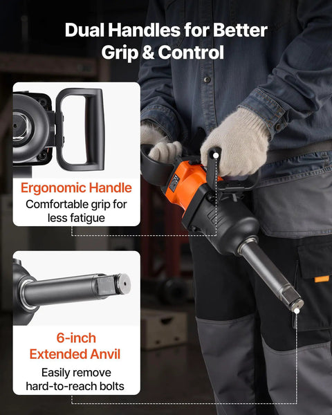 One Inch Pneumatic Impact Wrench Dishing Out 1800 Ft Lbs Of Raw Breakaway Torque With Six Inch Extended Anvil and ergonomic handles for control.
