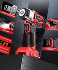 One Half Inch Cordless Impact Wrench Compatible With Milwaukee Eighteen Volt Packs Delivers Three Hundred Foot Pounds Brushless Torque And A Sharp LED Lamp, featuring speed control and reverse button.