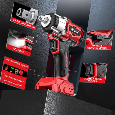 One Half Inch Cordless Impact Wrench Compatible With Milwaukee Eighteen Volt Packs Delivers Three Hundred Foot Pounds Brushless Torque And A Sharp LED Lamp, featuring speed control and reverse button.