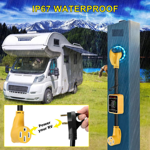 RV Surge Protector 50 Amp With 5000 Joules Surge Protection Voltage Monitor and Circuit Analyzer in rainy environment