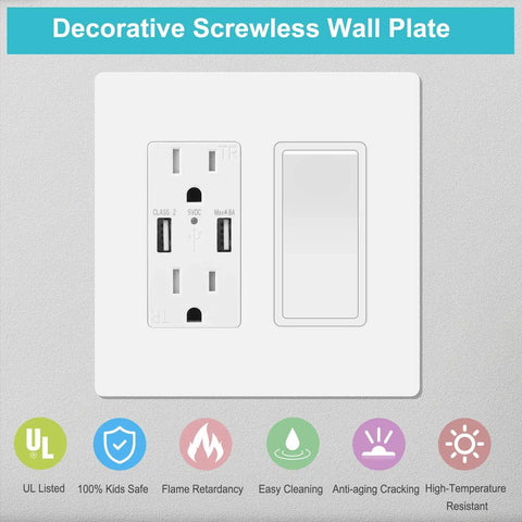 Four Pack Screwless Decorator Wall Plates For Electric Outlets GFCI Dimmers And Switches 2 Gang Unbreakable Child Safe Cover Plates In White Easy Install For A Clean Modern Look At Home Or Office