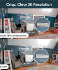 Comparison of room in 2K resolution vs 1080p with 2K Indoor Outdoor WiFi Security Camera With Color Night Vision Edge AI Integrated Spotlight And Siren 2 Way Audio Works With Alexa And Google Assistant White.
