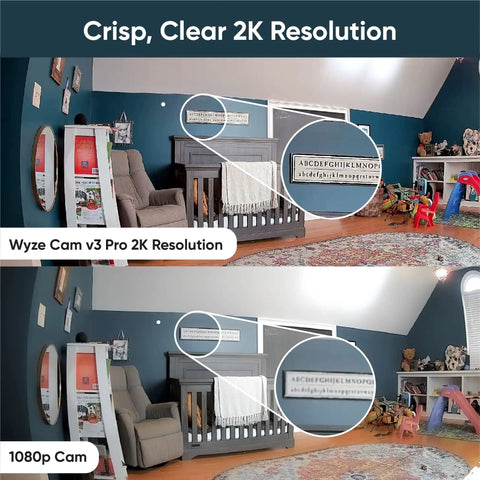 Comparison of room in 2K resolution vs 1080p with 2K Indoor Outdoor WiFi Security Camera With Color Night Vision Edge AI Integrated Spotlight And Siren 2 Way Audio Works With Alexa And Google Assistant White.