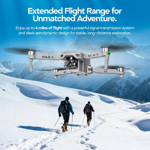 AI Guided 4K Drone With Camera For Adults, FAA Approved in snowy mountains, showcasing 360 Degree Obstacle Avoidance.
