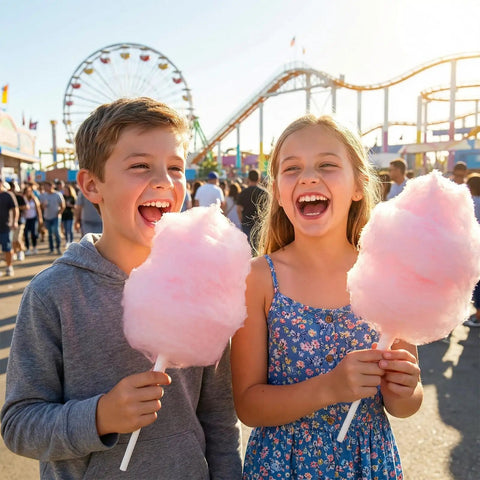 Kids enjoying pink cotton candy on Cotton Candy Sticks And Paper Cones Pack 50 Pcs 11.8 Inch Candy Holder Sticks Carnival Style.