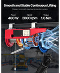 440 Lb Electric Hoist With 110V Power showing motor details and lifting mechanism in industrial setting