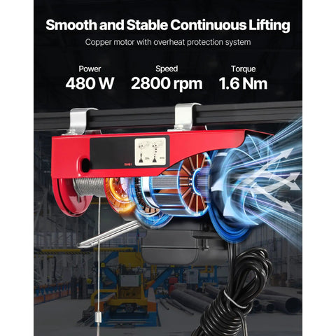 440 Lb Electric Hoist With 110V Power showing motor details and lifting mechanism in industrial setting