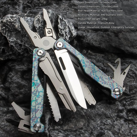 Camouflage Titanium Multitool Pliers Built Beefy With 420 Stainless Plier Head And 440 Steel Accessories on black stone