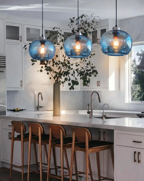 Stylish Hand Blown Glass Pendant Lights For Kitchen Island In Blue Marble Finish Modern Rustic Farmhouse Style, 3 shown over island