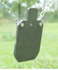 Rifle Ready AR500 Steel Targets Silhouette Gong For Outdoor Precision Shooting Practice, hanging in outdoor setting