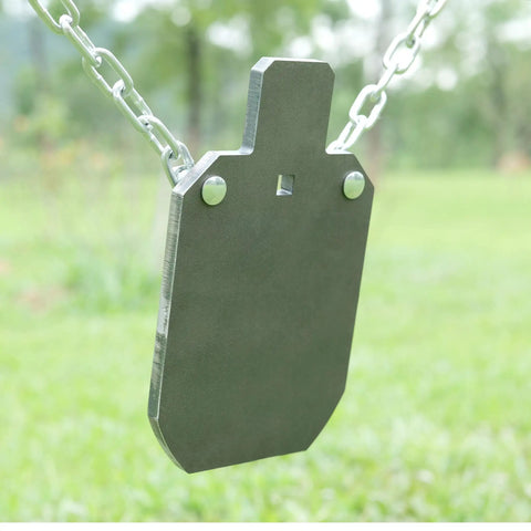 Rifle Ready AR500 Steel Targets Silhouette Gong For Outdoor Precision Shooting Practice, hanging in outdoor setting