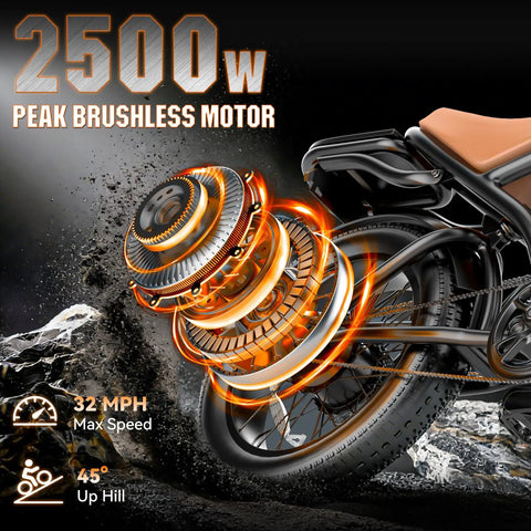 Powerful 2500W Peak Fat Tire Electric Bike for Adults with rear motor detail and rugged design for 32 MPH speed