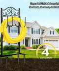 Built Tough Heavy Duty Garden Hose Holder With Four Stabilizing Spikes Freestanding Metal Hose Stand holding yellow hose