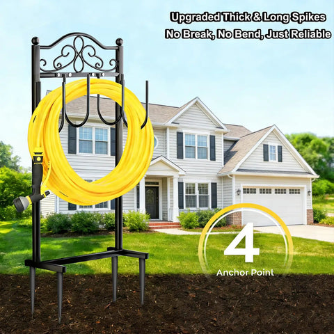 Built Tough Heavy Duty Garden Hose Holder With Four Stabilizing Spikes Freestanding Metal Hose Stand holding yellow hose