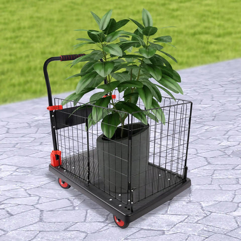 Heavy Duty Platform Cart With Cage And Foldable Flatbed Hand Truck Dolly For Moving Boxes And Equipment Built Like A Tank From Thick Steel And Durable PP Rust Resistant Scratch Proof No Warping Ready For Daily Tough Jobs, black mesh cage cart with plant
