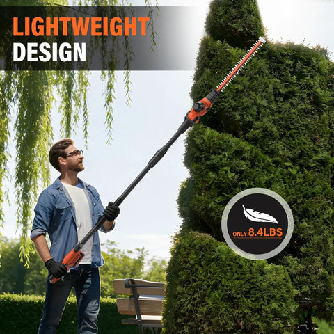 Man using Cordless Pole Hedge Trimmer With 18-Inch Blades, Up To 16-Foot Reach in garden, showcasing lightweight design