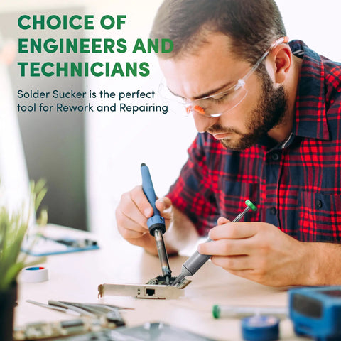 Man using Handheld No Power Needed Desoldering Sucker With Silicone Tip Self Cleaning Solder Vacuum Pump on circuit board
