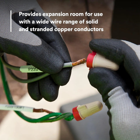 Hands securing wires with Performance Plus Wire Connector TR Pouch Tan Red Copper Core, Flexible Steel Spring Design, Secure Pigtail Connections.