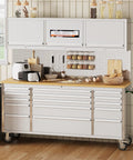 Seventy Two Inch Rolling Tool Chest With Fifteen Drawers And Locking Wheels, Mobile Workshop Cabinet With Solid Rubber Wood Top For Garage Storage, Boss Level Organization For Tools, Parts, And Gear in a kitchen setting