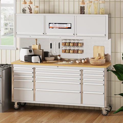 72 Inch Heavy Duty Rolling Tool Chest And Workbench With 15 Drawers And 3 Top Lockers in a kitchen setting with utensils