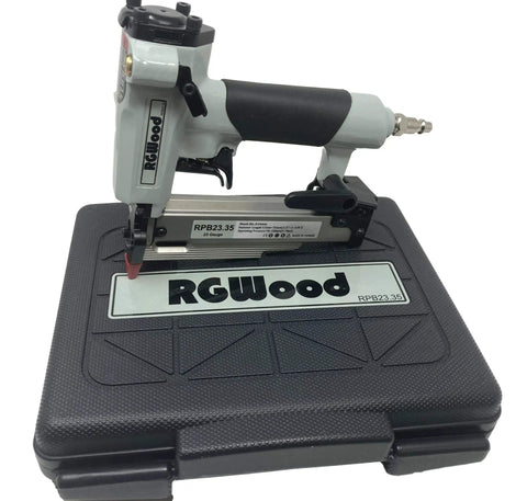 Heavy Duty Pneumatic 23 Gauge Brad Nailer Shoots Straight Through Detail Work With 6000 Piece Headless Pin Kit and Built In Air Duster, shown in case.