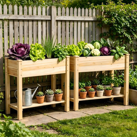 Raised Wood Planter Box On Legs With Storage Shelf For Vegetables Flowers And Herbs Outdoor Garden Bed 48x24x30.7 Inches