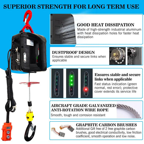 All In One 3 In 1 Electric Portable Hoist Winch 1500W Heavy Duty Lift shown with wire, wireless remote, and safety features