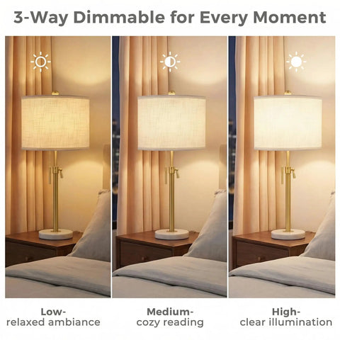 3-way dimmable gold table lamp with adjustable height from 22 to 30 inches, marble base, for bedroom or living room.