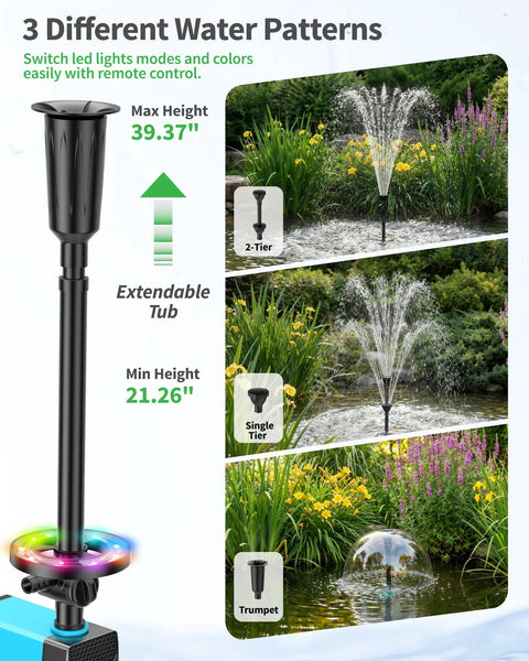 Cool RGB Pond Fountain With LED Lights 660GPH Submersible Pump Adjustable Height And Water Flow Memory Color Modes shown in garden pond