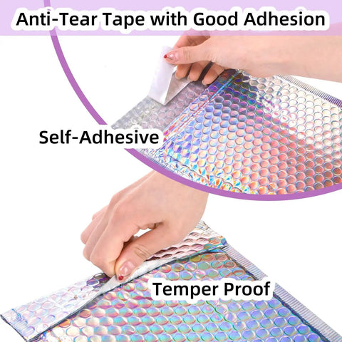 Close-up of Dope Metallic Bubble Mailers Set showing self-adhesive, tamper-proof seal and holographic padding