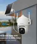 Solar Powered Wireless Outdoor Security Cam With 2K 3MP HD Video 360 Degree PTZ mounted on a wall with attached solar panel.
