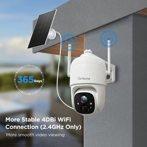 Solar Powered Wireless Outdoor Security Cam With 2K 3MP HD Video 360 Degree PTZ mounted on a wall with attached solar panel.