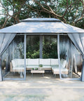 10x13 Outdoor Gazebo With Mosquito Netting And Privacy Screens, Double Roof Design, Powder Coated Metal Frame On Patio