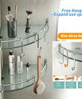 Two Tier Tempered Glass Corner Shower Shelves With Extra Hangers Rustproof Aluminum Bath Organizer in a shower setup