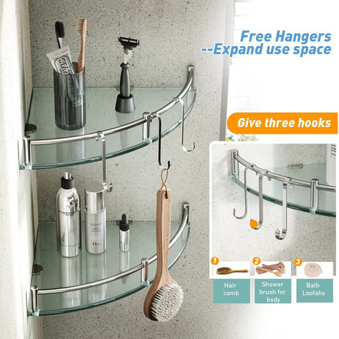 Two Tier Tempered Glass Corner Shower Shelves With Extra Hangers Rustproof Aluminum Bath Organizer in a shower setup