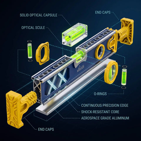 Markson 80-Inch Professional Aluminum Spirit Level - Non-Magnetic True-Flat Base, UV-Resistant Vials & Lifetime Accuracy Guarantee exploded view with labeled parts.