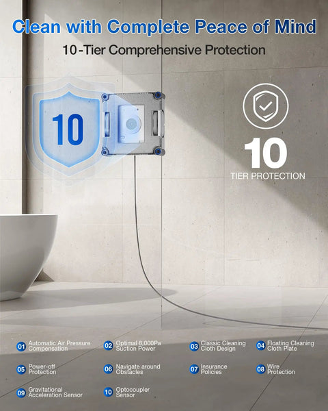 Winbot W2S Window Cleaning Robot With Edge To Edge Cleaning And TruEdge Scrubbers showcased demonstrating 10 level safety system