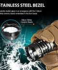 Gloved hand holding P17 Tactical Flashlight With Dual Tail Switch And Strobe, showing stainless steel bezel detail.