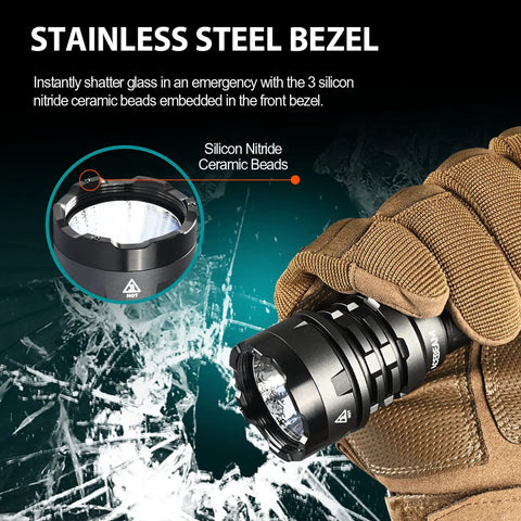 Gloved hand holding P17 Tactical Flashlight With Dual Tail Switch And Strobe, showing stainless steel bezel detail.
