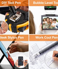 Magnetic Pickup Tool And 6 In 1 Multitool Pen with stylus, ruler, screwdriver, and bubble level shown in use.