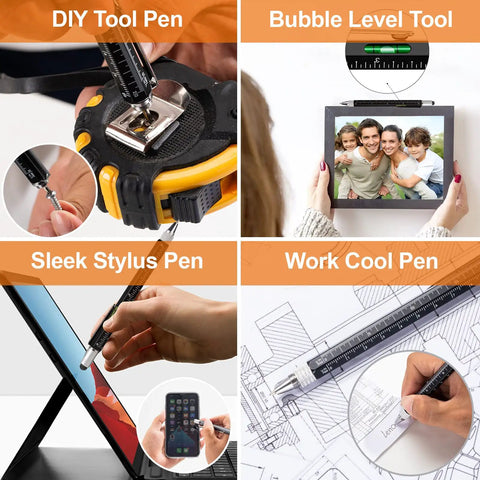 Magnetic Pickup Tool And 6 In 1 Multitool Pen with stylus, ruler, screwdriver, and bubble level shown in use.