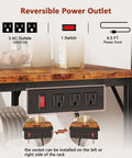 Rustic Brown Kitchen Bakers Rack With Power Outlets And A 31.5 Inch Desktop, focusing on reversible power outlet.
