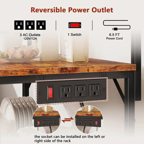Rustic Brown Kitchen Bakers Rack With Power Outlets And A 31.5 Inch Desktop, focusing on reversible power outlet.