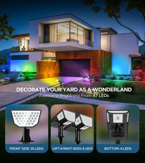 Modern house illuminated by Multicolor Solar Spot Lights Outdoor With 47 LEDs 4 Sides Illuminants 300 Degree Beam IP67 Waterproof