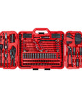 312 Piece Mechanics Tool Set With 120 Tooth Ratchet And 2 In 1 SAE Metric Wrench in red blow-mold case, tools organized neatly.