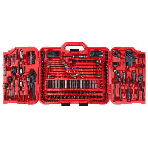 312 Piece Mechanics Tool Set With 120 Tooth Ratchet And 2 In 1 SAE Metric Wrench in red blow-mold case, tools organized neatly.