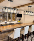 Dope Modern Farmhouse Linear Pendant Light Fixture With Glass Shade Four Light Black Steel Dining Room Chandelier Over Bar Area