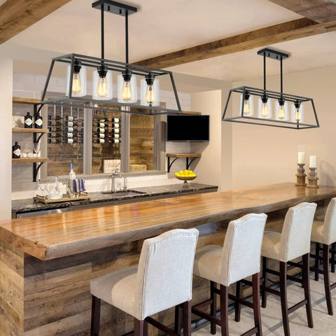 Dope Modern Farmhouse Linear Pendant Light Fixture With Glass Shade Four Light Black Steel Dining Room Chandelier Over Bar Area