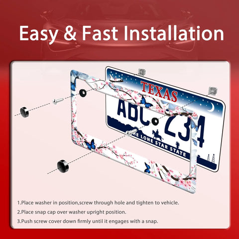 Cherry Blossom Butterfly License Plate Frame In Stainless Steel for US and Canada plates installation guide with screws and washers.