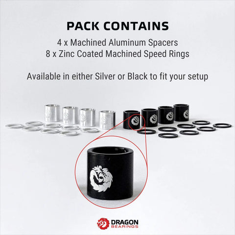 Precision Aluminum Spacers And Speed Rings Kit For Skateboards And Longboards, shown in silver and black options